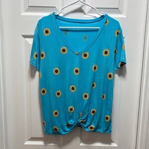 No Boundaries Sunflower Print V-Neck Top - Turquoise